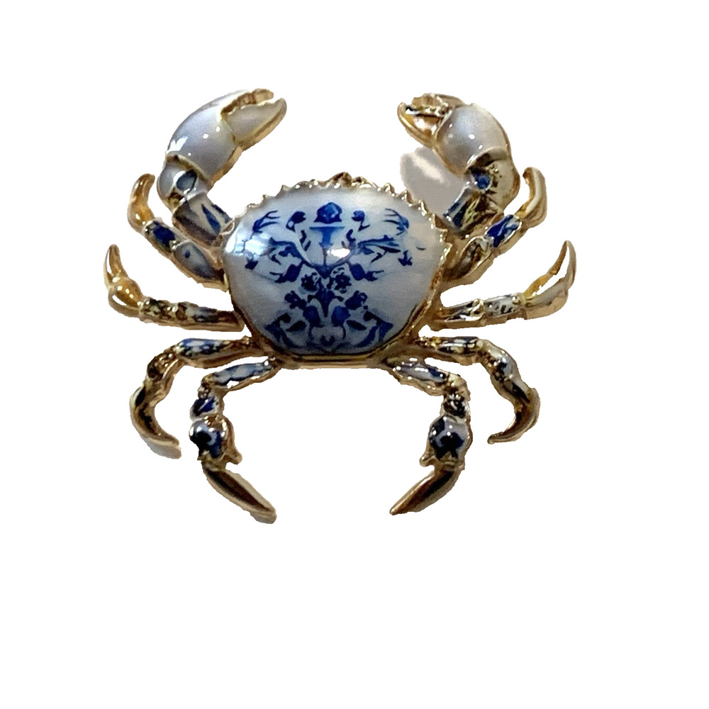 Blue White Enamel Gold Tone Pattern Crab Brooch Statement Figural Pin Eclectic